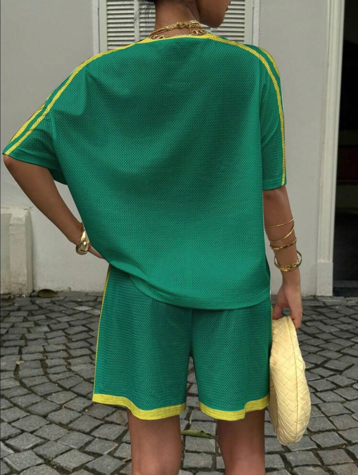 Muchica Women's Summer V-Neck Contrast Color Letter Print Casual Loose T-Shirt And Shorts Set, Raglan Sleeve Knit Sweater, Suitable For Sports Enthusiasts, Team Uniforms, Sports Events, Yellow Green Striped Casual Sportswear, Sports Casual Mixed Women T-S